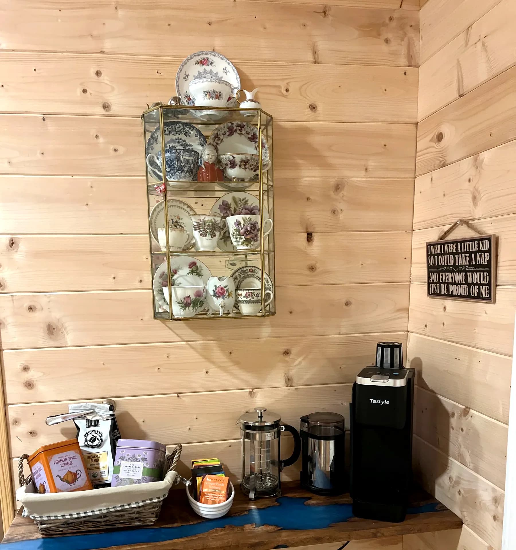 Coffee and tea station with French press and teacups